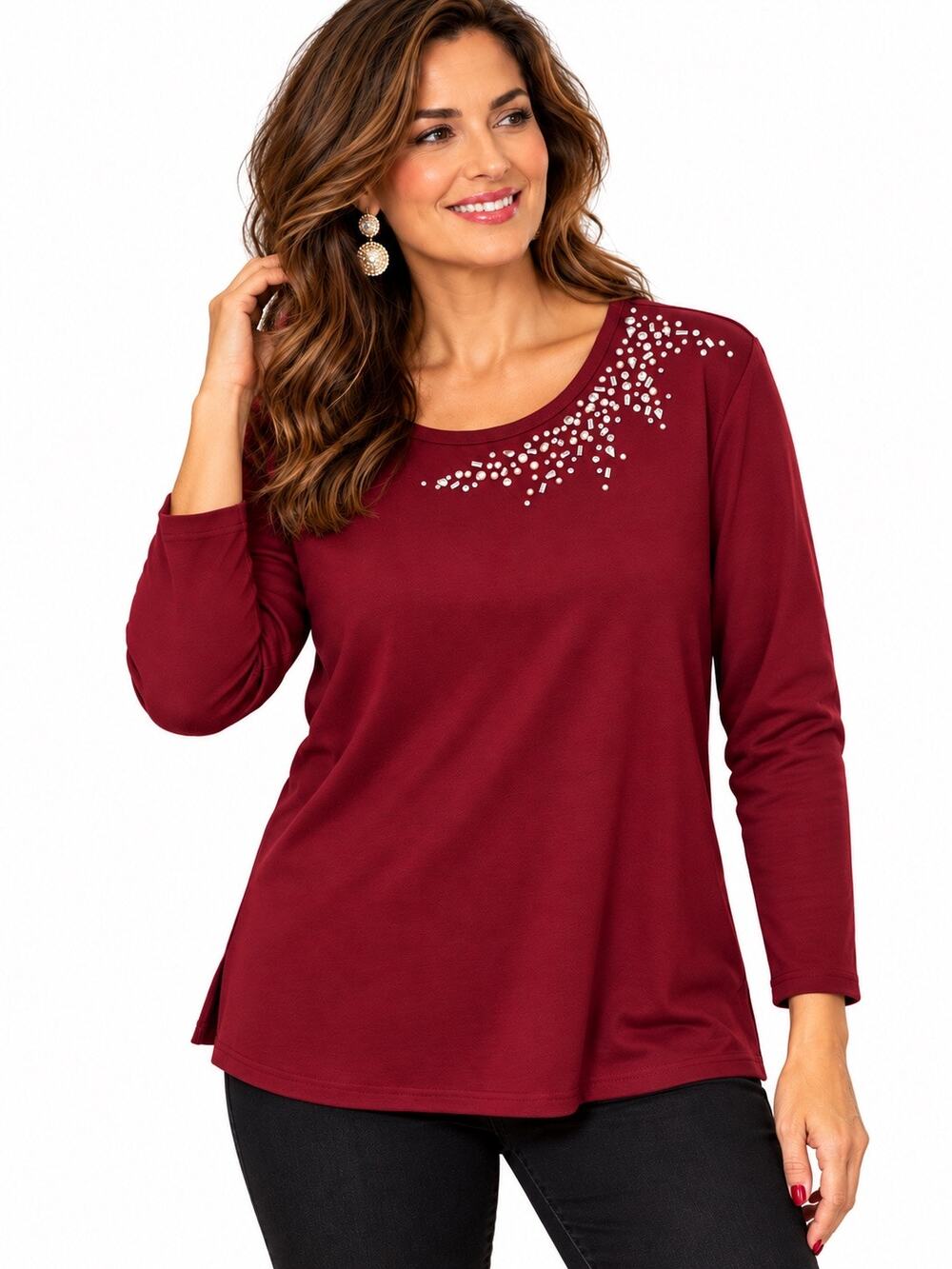 Quacker Factory XL Burgundy Rhinestone Embellished Long Sleeve Top NWT